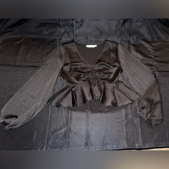 Tops - All in Favor Tie Front Satin Peplum Top in Black
